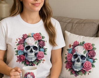 Clipart de crâne floral par sublimation : Roses aquarelle PNG (Téléchargement numérique)