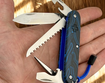 Victorinox Farmer Alox personalizzato da 93 mm / Guancette in G10 Damasco / Fodere in G10 blu