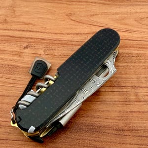 Custom Victorinox Sybertool Compact | Black Micarta Scales | Brass Liners | Damascus Spyderco style blade image 3
