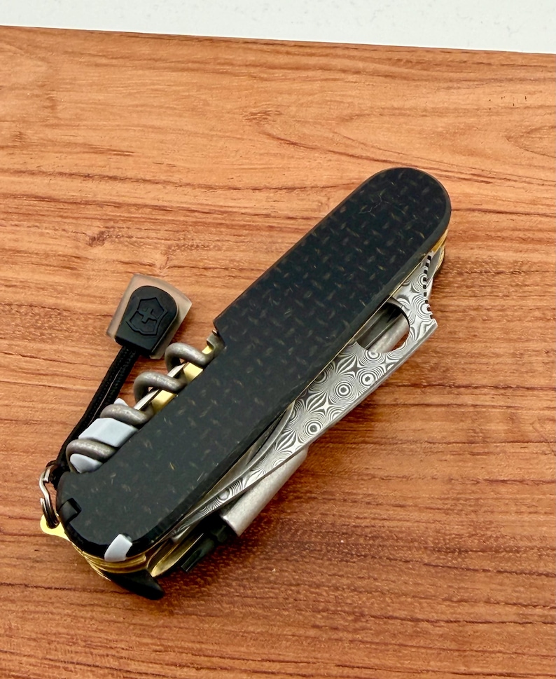 Custom Victorinox Sybertool Compact | Black Micarta Scales | Brass Liners | Damascus Spyderco style blade image 3