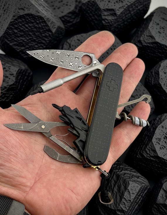 Custom Victorinox Sybertool Compact | Black Micarta Scales | Brass Liners | Damascus Spyderco style blade