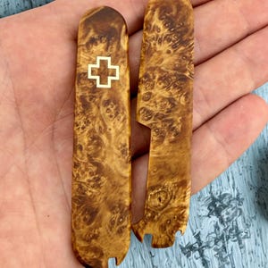 Custom Victorinox 91mm Scales Plus | Stabilized Maple Burl | Brass Inlay