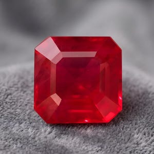 May include: A square-cut, vibrant red gemstone with faceted surfaces that reflect light. The stone features sharp, clean edges and a deep, saturated crimson color, showcasing a high level of clarity and a polished, brilliant finish throughout.