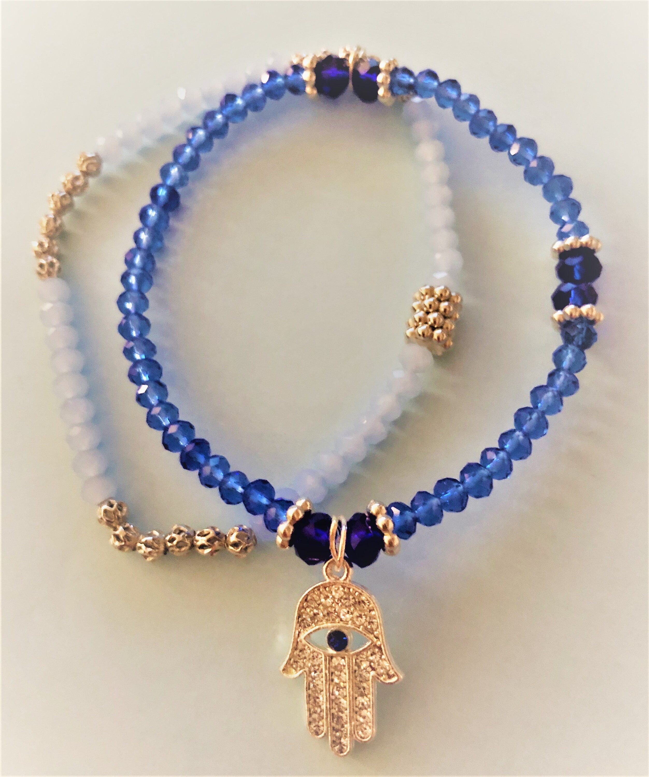 5 Bracelets Evil Eye Blue Glass Bead Stretch Hamsa Lampwork Good Lucky Nazar New