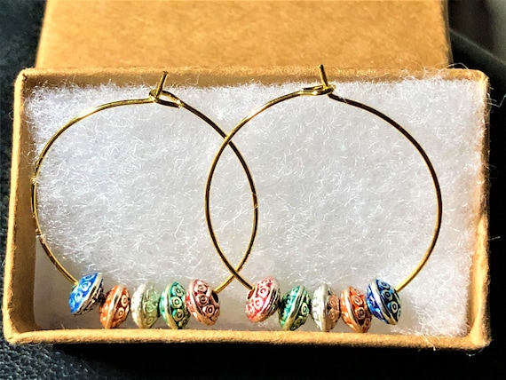 Gold Hoop Earrings with Multi-Color Beads