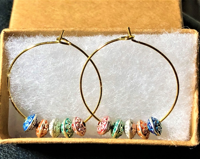 Gold Hoop Earrings with Multi-Color Beads