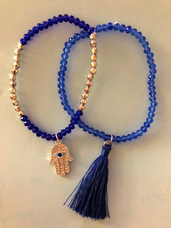 Hamsa Evil Eye Blue Swarovski Beaded Stretch Bracelet Set