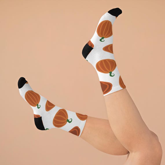Step into Fall Pumpkin Pattern Recycled Poly Socks | Unisex One Size Fall Autumn Pumpkin Crew Socks