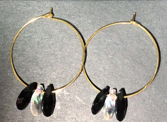 Gold Hoop Earrings with Black & Crystal Teardrops