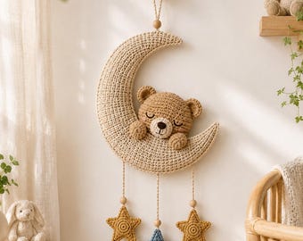 Bear on Moon Crochet Pattern PDF, Sleepy Teddy Nursery Wall Hanging
