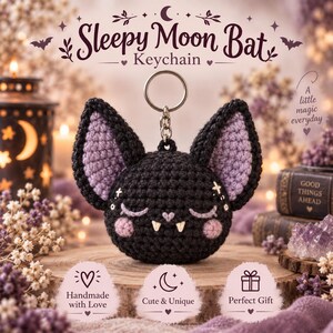 Crochet Bat Keychain Pattern PDF, Sleepy Gothic Amigurumi Bag Charm