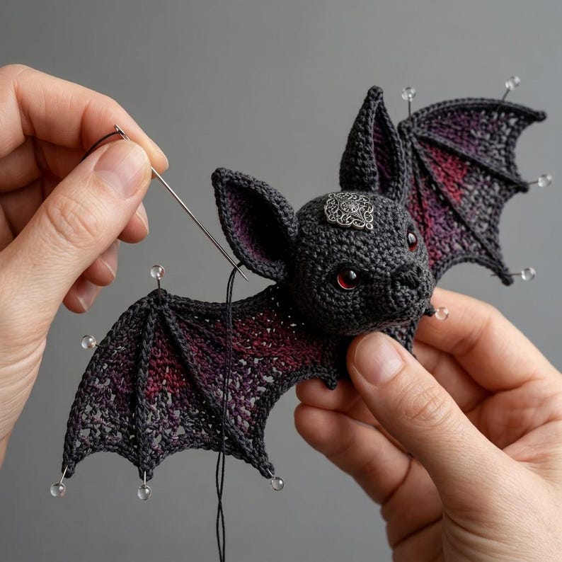 Puede incluir: Una figura de murci&eacute;lago tejida a ganchillo con hilo gris oscuro y acentos degradados en rojo intenso y morado en las alas. El murci&eacute;lago tiene ojos rojos y un adorno de filigrana plateada en la frente, con alfileres en los bordes de las alas.