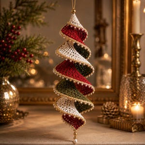 May include: A spiral-shaped hanging ornament crafted from crocheted thread in alternating layers of red, white, and dark green. The edges of the spiral are embellished with small white beads, and a single pearl-like bead hangs from the bottom point.