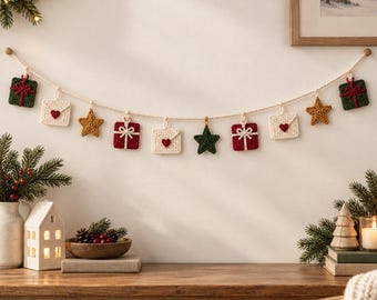 Crochet Christmas Garland Pattern PDF, Gift Parcels Envelopes & Stars, Advanced Beginner Holiday Decor