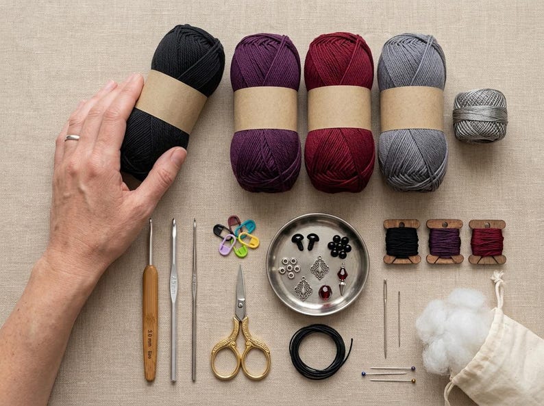 Puede incluir: Cuatro ovillos de lana en negro, morado, burdeos y gris con etiquetas de papel beige, un peque&ntilde;o carrete de hilo gris, tres ganchillos, marcadores de puntos coloridos, tijeras de metal, una bandeja con cuentas, agujas y relleno blanco.