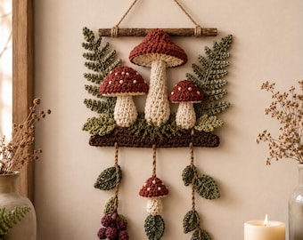 Mushroom Crochet Wall Hanging Pattern PDF, Woodland Fern Botanical Decor, Beginner-Friendly Cottagecore Wall Art