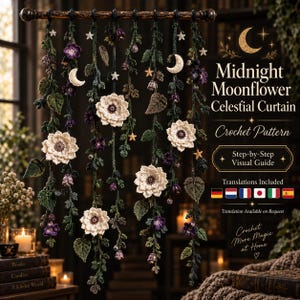 Può includere: Uno schema all'uncinetto per una tenda celeste Midnight Moonflower con viticci pendenti, fiori bianchi, boccioli viola, foglie verdi, stelle e lune. Il testo recita Midnight Moonflower Celestial Curtain, Crochet Pattern, Step-by-Step Visual Guide, Translations Included e Crochet More Magic at Home.