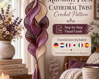 Crochet Spiral Hanging Pattern PDF, 3D Leaf Wind Spinner, Boho Hanging Ornament, Midnight Plum Cathedral Twist