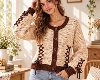 Crochet Cardigan Pattern PDF, Ribbon-Laced Corset Style, Button Front, Women's Size M