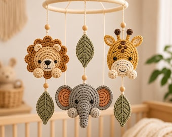 Safari Baby Mobile Crochet Pattern PDF, Lion Giraffe Elephant Nursery Mobile