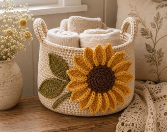 Sunflower Basket Crochet Pattern PDF, Large Floral Home Organizer with Handles