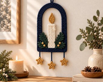 Crochet Wall Hanging Pattern PDF, Moonlit Candle Arch with Stars & Foliage