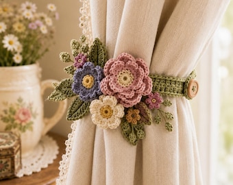 Crochet Curtain Tieback Pattern PDF, Wildflower Floral Window Holder, Cottagecore Home Decor