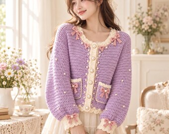 Crochet Cardigan Pattern PDF, Lavender Pearl Bow Cardigan, Women’s Crochet Sweater with Pockets