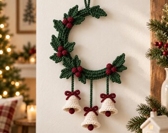 Christmas Wreath Crochet Pattern + Bell Crescent Wreath + Holly Berry Wall Hanging