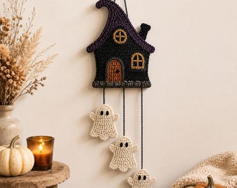 Haunted House Crochet Pattern PDF, Halloween Ghost Wall Hanging, Spooky Cottage Decor