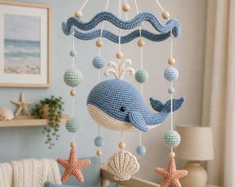 Whale Baby Mobile Crochet Pattern PDF, Ocean Nursery Amigurumi Decor
