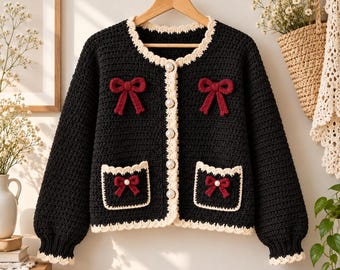 Crochet Bow Cardigan Pattern PDF, Black Cherry Pearl Buttons, Cropped Balloon Sleeve Sweater