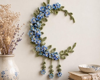 Crochet Flower Wall Hanging Pattern PDF, Forget-Me-Not Crescent Botanical Decor