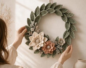 Modèle PDF de couronne de fleurs au crochet, décoration murale botanique nordique, tutoriel de décoration florale pour la maison (30 cm)