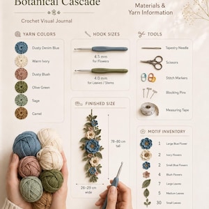 Peut inclure: Un guide de journal visuel au crochet Wildflower Botanical Cascade pr&eacute;sentant les couleurs de fil, des tailles de crochet de 4,5 mm et 4,0 mm, des outils comme une aiguille, des ciseaux, des marqueurs, des &eacute;pingles, un m&egrave;tre et une taille finie de 78-80 cm.