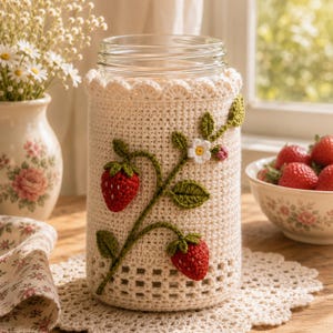 May include: A clear glass jar encased in a cream-colored crochet cozy featuring a decorative strawberry vine pattern with red berries, green leaves, and a small white flower. The cozy has a scalloped top edge and a lattice-style base design.