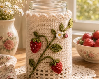 Strawberry Mason Jar Cozy Crochet Pattern PDF, Cottagecore Jar Cover, Floral Kitchen Decor