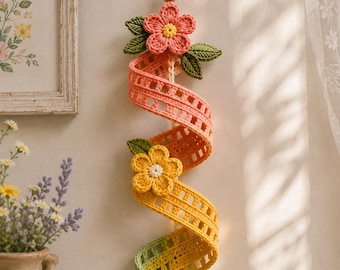 Crochet Flower Wind Spinner Pattern PDF: Rainbow Botanical Spiral Hanging