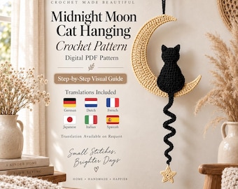 Black Cat Crescent Moon Crochet Pattern PDF, Gothic Hanging Spinner