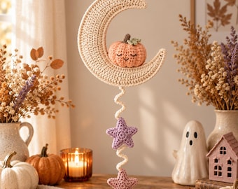 Crochet Moon Wall Hanging Pattern PDF, Sleepy Pumpkin Crescent with Stars, Fall Hanging Decor