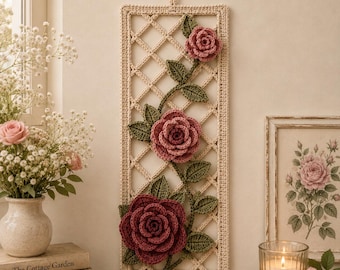 Crochet Rose Trellis Wall Hanging Pattern PDF, Cottagecore Floral Decor, 3D Botanical Wall Art