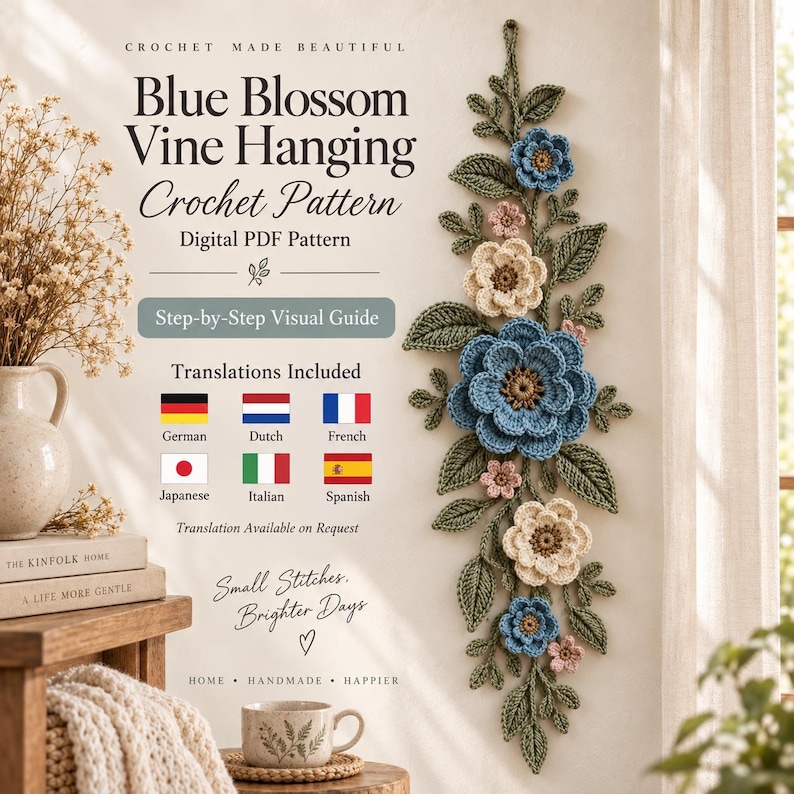 Modèle PDF de suspension murale florale au crochet : Cascade botanique de fleurs sauvages, vigne de fleurs superposées image 1