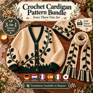 Könnte beinhalten: Ein gehäkeltes Set aus Cardigan, Mütze und Schal in Elfenbein mit dunkelgrünen Ranken- und Blattapplikationen. Der Cardigan hat einen V-Ausschnitt, dunkelgrüne Rippbündchen und vier Knöpfe. Der Text lautet Crochet Cardigan Pattern Bundle Ivory Thorn Vine Set.