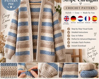 Striped Crochet Cardigan Pattern PDF, Oversized Open-Front Cardigan with Pockets, Adult M/L