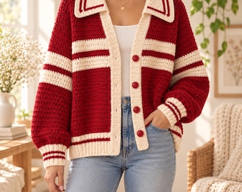 Crochet Striped Cardigan Pattern PDF, Rugby Collar Button Up Sweater, Adult M/L