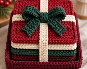 Crochet Coaster Set Pattern PDF, Christmas Square Coasters with Holder, Beginner Holiday Decor
