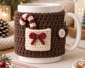 Christmas Crochet Mug Cozy Pattern PDF, Candy Cane Pocket Cup Sleeve, Advanced Beginner Holiday Gift