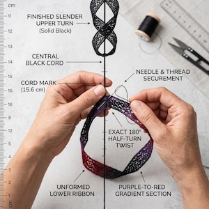 Puede incluir: Un proyecto de manualidades con un cord&oacute;n central negro y una cinta con degradado de morado a rojo. La cinta muestra un giro exacto de 180 grados asegurado con aguja e hilo. Las etiquetas indican un giro superior fino y una marca a 15,6 cm.
