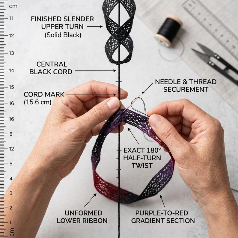 Puede incluir: Un proyecto de manualidades con un cord&oacute;n central negro y una cinta con degradado de morado a rojo. La cinta muestra un giro exacto de 180 grados asegurado con aguja e hilo. Las etiquetas indican un giro superior fino y una marca a 15,6 cm.