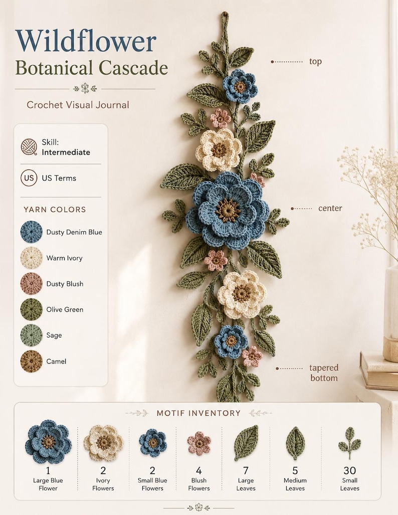 Peut inclure: Un journal visuel de crochet intitul&eacute; Wildflower Botanical Cascade pr&eacute;sentant un arrangement vertical de fleurs bleu denim, ivoire et rose poudr&eacute; avec des feuilles vert olive et sauge. Inclut un inventaire des motifs et un guide des couleurs.